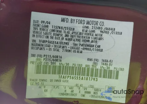 2005 Ford Taurus Sel z USA, uszkodzony, nr VIN 1FAFP56S55A181793